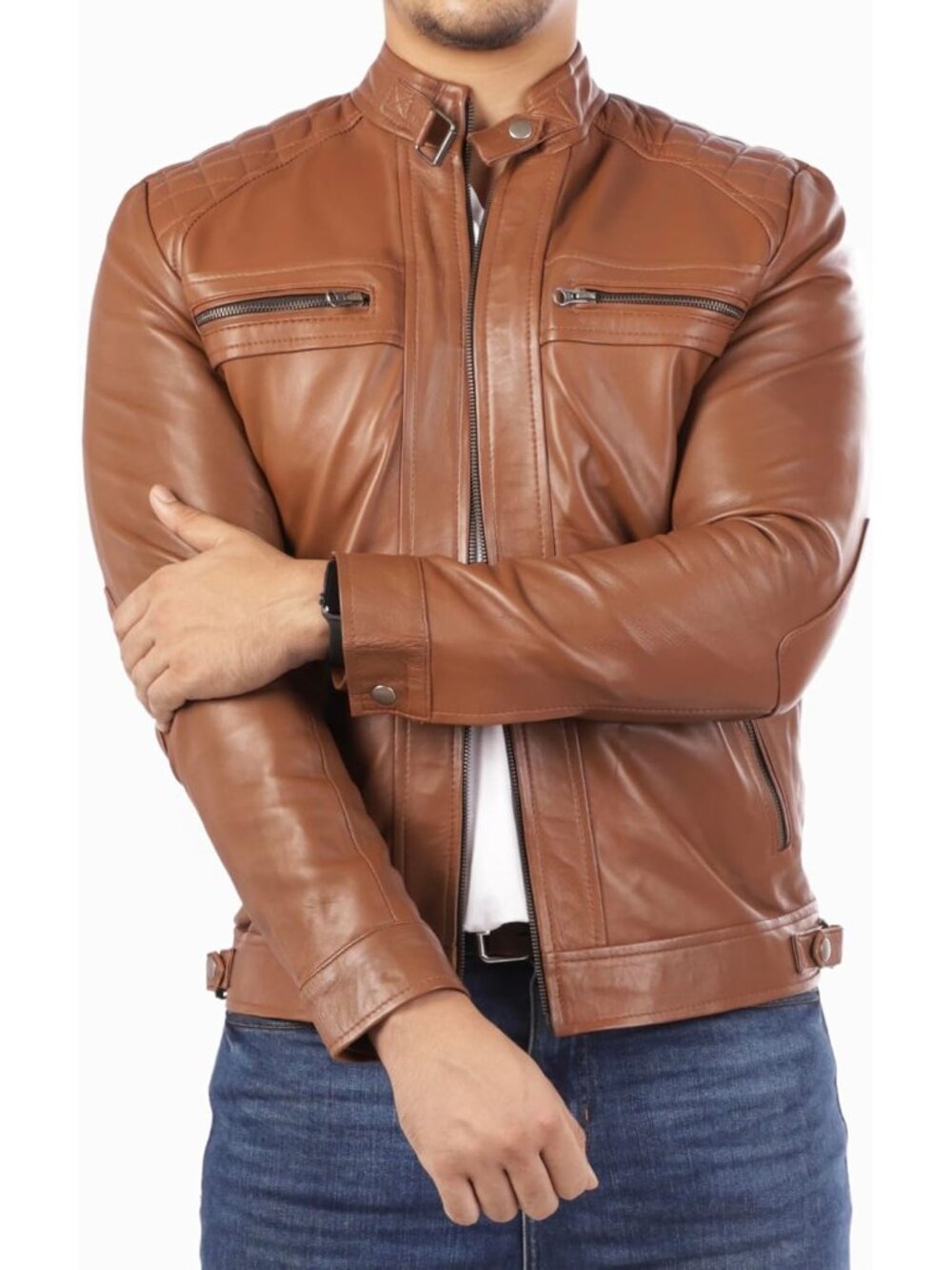 Man's Camel Leather Diamond Style Long Sleeve Café Racer Motorcycle Jacket's